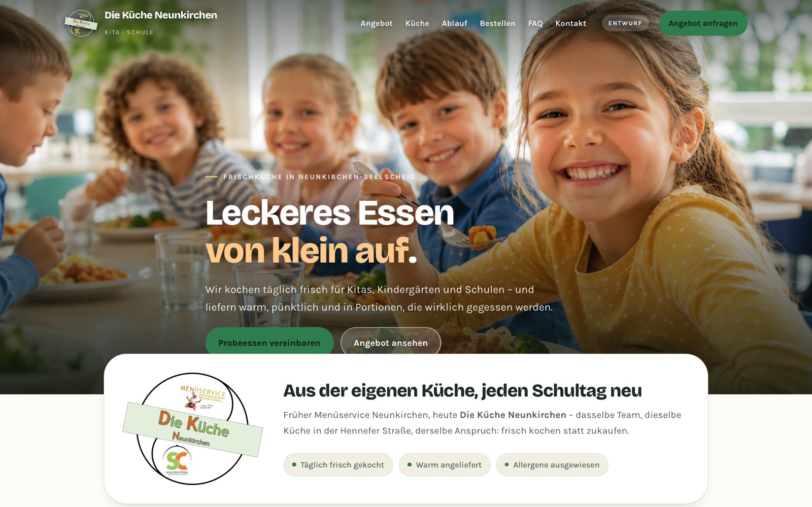 Website-Entwurf für Die Küche Neunkirchen, Frischküche für Kitas und Schulen